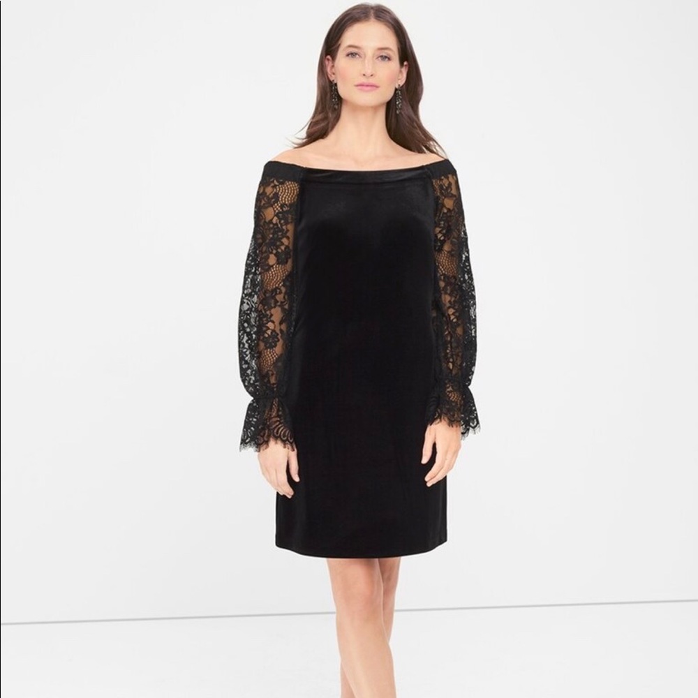 Off-the-shoulder lace sleeve velvet shift dress
